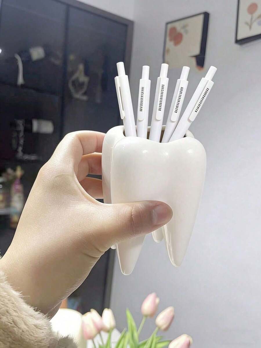 1pc White Single Tooth Shaped Pen Holder, Creative Dentist Gift Desktop Storage, Multifunctional Pen Brush Toothbrush Holder Cup, Home Office Bathroom Decor Accessory