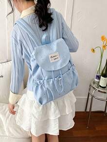 Cream White And Blue Star Print Flap Drawstring Backpack, Soft And Lightweight Polyester Fabric, Gentle Casual Style, Adjustable Shoulder Straps, Large Capacity Interior, All-Season Wear, Unisex Adult Style, Suitable For School, Travel, Commute And Daily Outings - Multiple Styles - View 6