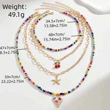 JOJELOO 1pc Bohemian Multi-Color Beaded Layered Necklace Set, Cherry Starfish Heart Pendant Stackable Elegant Women's Jewelry - Style 1 - View 5