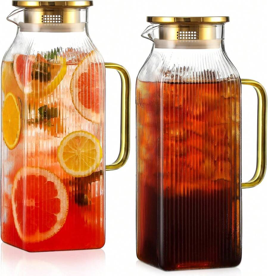 2 Pack 2 Liter/68 Oz Square Glass Pitcher With Lid, Classic Stripes Water Pitchers With Handle For Fridge, Large Jug For Iced Tea, Coffee, Borosilicate Glass Carafe For Hot/Cold Brew Drink, Gold - Gold - View 1