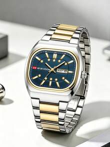 男士手錶 40mm 方形錶殼 雙日曆錶盤 雙色不鏽鋼錶帶 螢光刻度 奢華商務風 時鐘 3Bar 防水等級 適合日常生活防水需求，男士節日禮物，日常通勤裝飾，正式場合搭配，戶外運動 VA VA VOOM 品牌原裝男士腕錶 - 藍色 - 查看 3