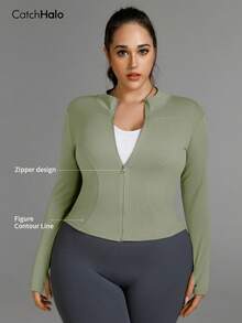 Plus Size Women's Solid Color Fitted Sports Jacket With Thumb Hole, Long Sleeve, Suitable For Yoga, Running, Fitness In Summer - Mint Green - View 11