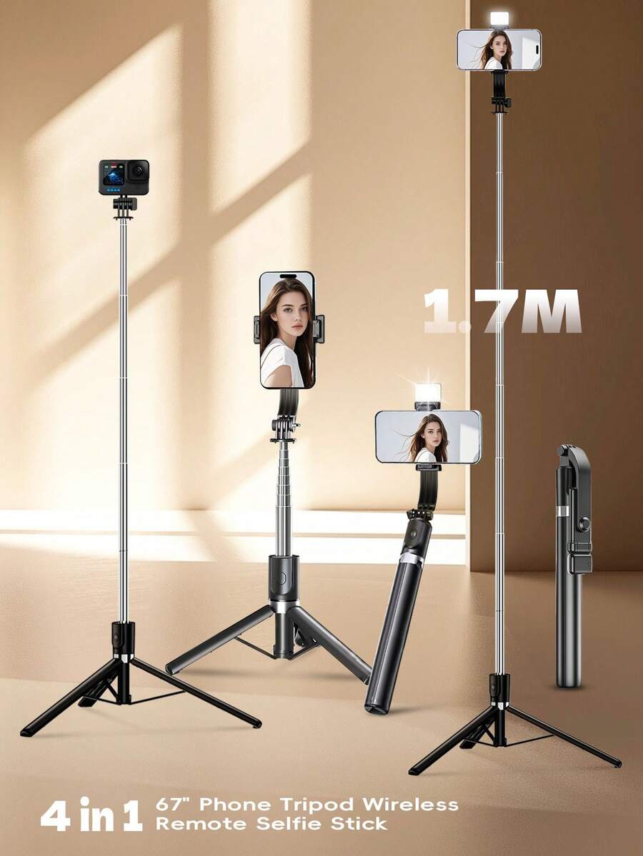 170cm/70cm 4合1自拍棒三腳架，附藍牙遙控器，多角度可伸縮手機支架，輕便便攜三腳架，適合旅行、海灘、Vlog、團體拍攝