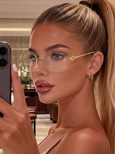 1 pieza Gafas de mujer sin montura de metal rectangular elegante, de estilo vintage de alta gama, minimalista juvenil, sexy casual versátil con lentes lisos, gafas para computadora, adecuadas para leer, trabajar, fotografía callejera, usar la computadora, jugar con el teléfono, etc.