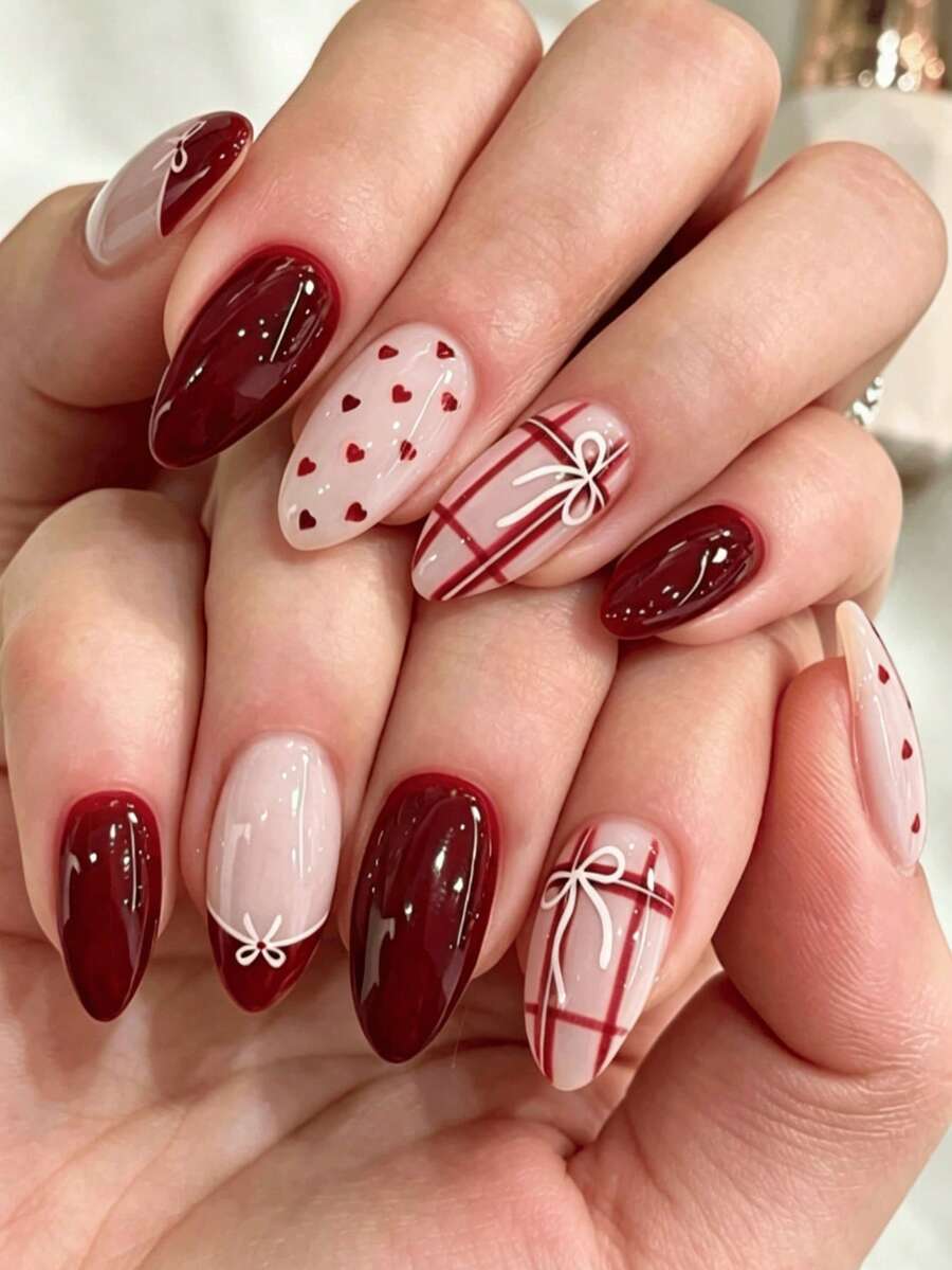 10片法式杏仁形短款美甲貼，精美條紋愛心波點蝴蝶結設計，紅色Y2K風，含1片果凍膠與1個指甲锉，適合女性/女孩日常佩戴、畢業季、夏季，穿戴式美甲貼片假指甲美甲用品 - 彩色 - 查看 1