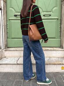 Women Retro Color Block Striped Knit Sweater, Loose Drop Shoulder Long Sleeve Pullover, Casual Slouchy Fit Fall Winter Daily Wear Top Vacation - Multicolor - View 3