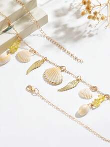 1pc Bohemian Vacation Style Yellow-Tone Asymmetric Crystal Ocean Starfish Shell Conch Faux Pearl Fish Tail Pendant Multi-Layer Waist Chain Body Chain Fashionable Elegant Personalized Creative 3D Starfish Conch Shell Pendant Body Decoration Suitable For Women Daily Wear Vacation Party (Yellow Crystal Shape Random) - Gold - View 5