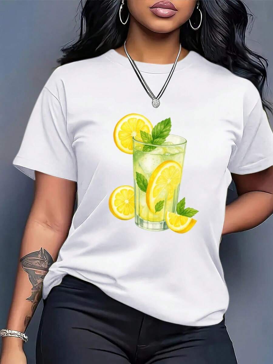 Printed T-Shirt: Women's Loose White T-Shirt, Lemonade Print Summer Top, Casual Short-Sleeved Crew Neck T-Shirt, Comfortable And Soft Fruit Print Clothing - 白色 - 查看 1