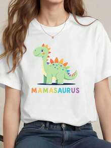 Playera manga corta holgada ligera, ilustración de dinosaurio amigable con manchas coloridas, prenda casual familiar - Blanco - Ver 1