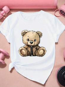 summer 2026Nueva Camiseta Deportiva de Manga Corta con Cierre y Estampado de Oso de Peluche para Mujer, Talla Grande, Estilo Casual de Verano - Camiseta Unisex de Algodón, Cuello Redondo, Ma - Blanco - Ver 1