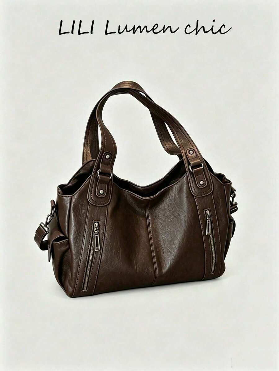 This Is A Stylish And Versatile Shoulder Bag. It Has A Large Capacity, A Solid Color Design, And Is Made Of Vintage PU Material. A Perfect Choice For Going To Work, With An Ape - White - View 1