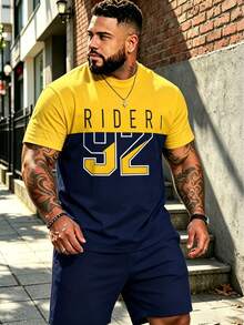 2pcs/Set Plus Size Men's Street Style Set, Yellow & Blue Contrast, RIDER 92 Numeric Print Short Sleeve T-Shirt + Shorts, American Casual Cool Sports - 寶藍色 - 查看 1