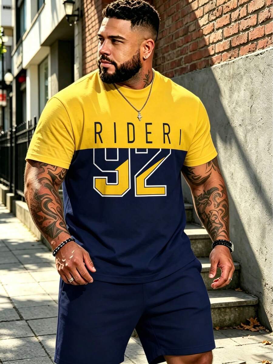 2pcs/Set Plus Size Men's Street Style Set, Yellow & Blue Contrast, RIDER 92 Numeric Print Short Sleeve T-Shirt + Shorts, American Casual Cool Sports - 寶藍色 - 查看 1