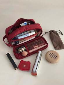 Minimalist Design Makeup Bag, Cosmetic Storage Bag, Portable Toiletry Bag, Portable Travel Skincare Storage Bag, Large Capacity Double Layer Makeup Bag With Compartments, Spacious Toiletry Bag With Dividers, Can Be Used For Small Item Storage, Desktop Storage, Cosmetic Storage, Accessory Storage - Completely Upgraded - View 5