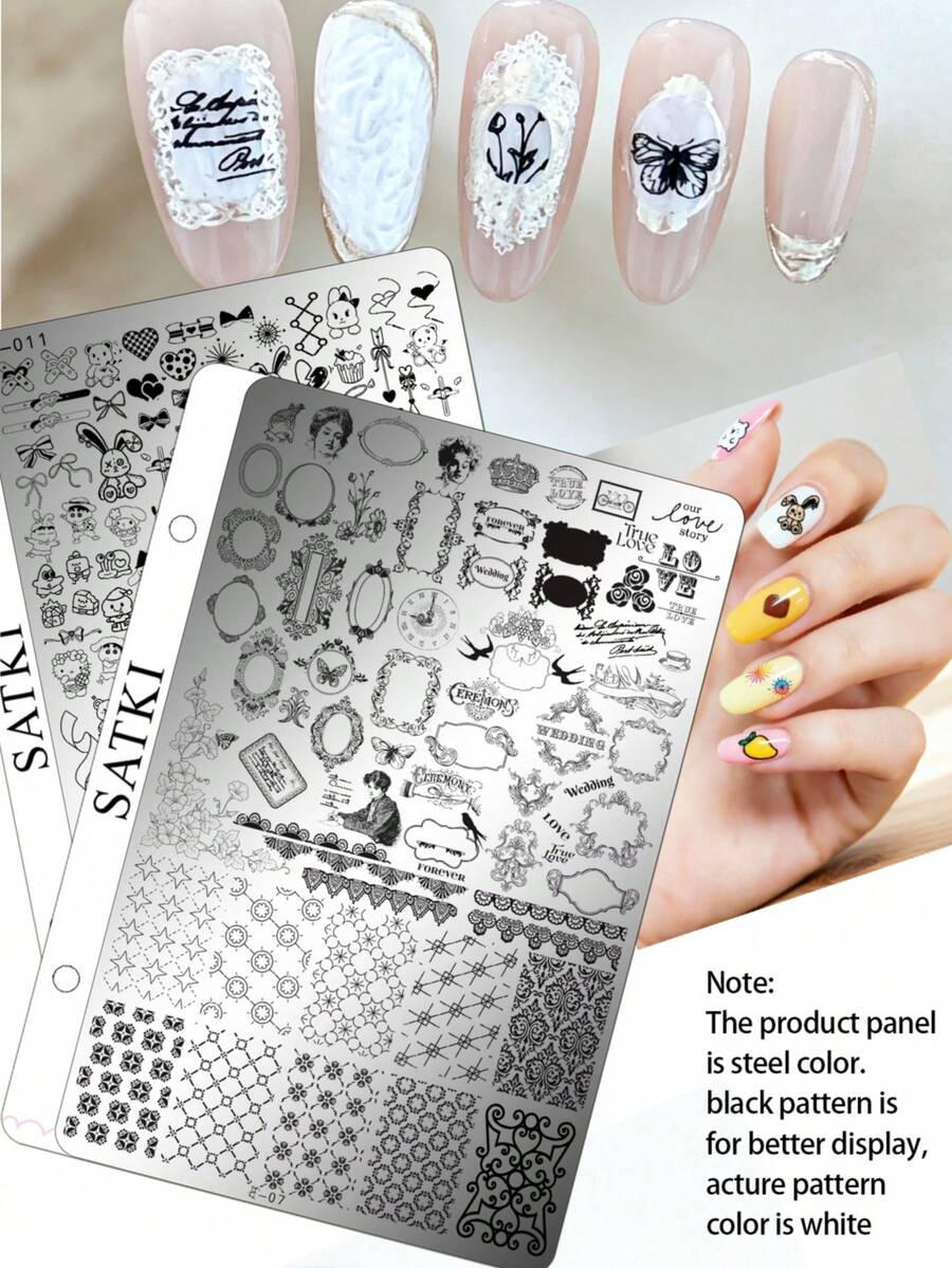 satki Nail Art Stamping Plate Cute Bear Pig Rabbit Cartoon Anime Nail Decoration Template Bow Nail Art Accessories Tool Beginner No Hand-Painting Nail Stamping Steel Plate Soft Silicone Transfer Tool