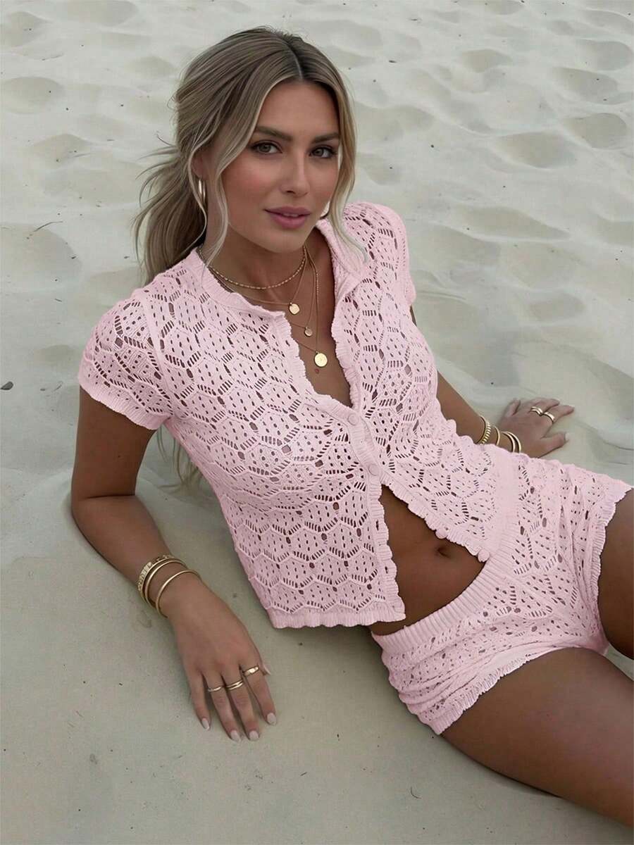 ra mujer: Cárdigan de punto de malla calada y sexy de manga corta + Shorts - Conjunto de 2 piezas de vacaciones para mujer, Vestimenta de fiesta de ganchillo, Estilo ajustado sexy para mujer - Rosa Pálido - Ver 1