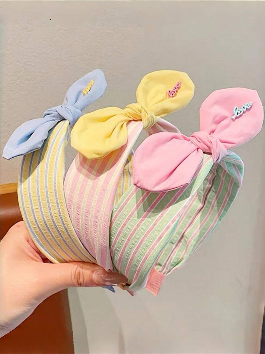 3pcs Girls Fresh Sweet Versatile Rabbit Ear Bow Striped Wide Fabric Headbands, Suitable For Daily Wear, Outfit Matching, Back To School, Travel - Multicolor - View 1