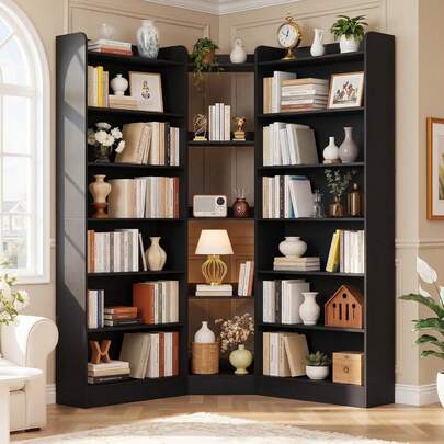 Bookcase 7 Tier Corner Freestanding Black Home Office 713" Tall