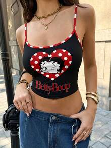 SHEIN X Betty Boop 女款夏季休閒卡通波點愛心字母印花細肩帶背心上衣 - 彩色 - 查看 2