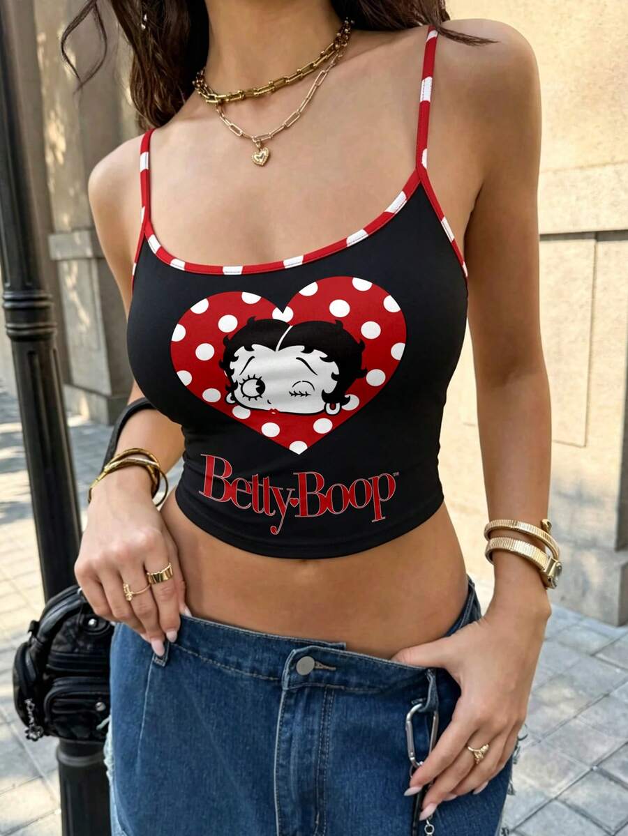 SHEIN X Betty Boop 女款夏季休閒卡通波點愛心字母印花細肩帶背心上衣 - 彩色 - 查看 1