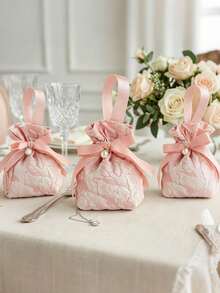 10-Pack Small Floral Pattern Gift Bags, Pink Canvas Gift Bags, Tea Party Favor Bags With Handles, Mini Drawstring Candy Gift Bags, Suitable For Bridal Showers, Birthdays, Weddings, And Other Occasions - A - View 3