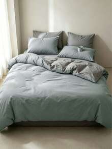 Blue & White Colorblock Washed Skin-Friendly Duvet Cover 3 Pieces Set - Mint Green - View 3