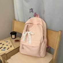 時尚新款輕量尼龍女款後背包，多口袋大容量學生書包，附吊飾筆電後背包 - 粉色 - 查看 4