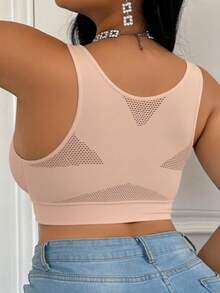 Curve Plus Size Medium Support Wireless Bra, Front Closure Mesh Racerback Seamless Lingerie, Built-In Padding, Everyday Sports Bra - Apricot - View 3