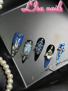 10pcs Handmade Fully Covered Stiletto Nails Press On Nails, Blue Nails, Cool And Chic Y2K False Nail,Detachable And Reusable,Four Sizes To Choose From,Suitable For Festival,Goth Theme Party,Dating Street Daily Styling,With Jelly Glue And Nail File - Blue - View 7