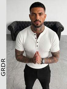 Men's Summer Henley Neck Solid Ribbed Short Sleeve Knit Sweater, Suitable For Summer Outings, Essential For Fashionable Styling - White - View 3