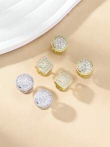2pcs Business Luxury Style Cubic Zirconia Round Full Pave Decor Cufflinks Men's Daily Business Formal Suit Matching Gift - Multicolor - View 4