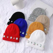 1pcs Niche Rhinestone Knitted Beanie - Multiple Colors Available, Autumn Winter Warm/Street Style Accessory, Eye-Catching Personality Headwear - Black - View 2