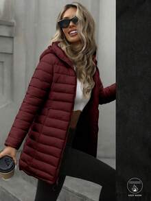 Risissida Fashion Women's Mid-Length Hooded Jacket, Reversible Design, Suitable For Daily Wear And Commuting, Comfortable For Autumn/Winter, With Pockets - Burgundy - View 2