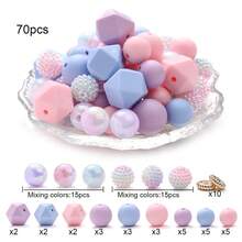 70 Stücke Traumhafte Macaron Rosa Lila Blau Silikon Perlen Set, geeignet für DIY Feiertags Dekoration Schmuckherstellung, Kleidung Accessoires, Heimdekoration, Heimhandwerk, kulturelle kreative handgefertigte Accessoires - Verschiedenfarbig - Übersicht 7