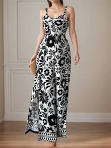 Elegant European And American Women's Clothing With Twisted Floral Print, Jumpsuit With Suspenders And Long Pants. - 藏青色 - 查看 8