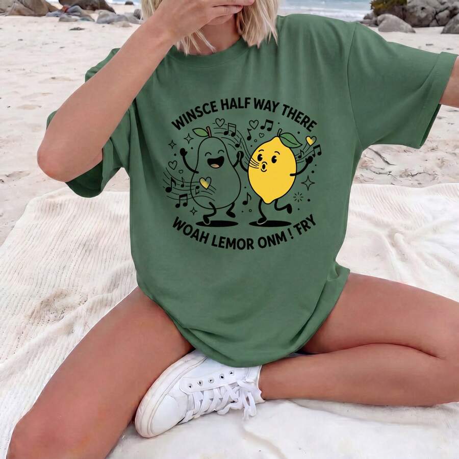 White T-Shirt Women's Clothing Blouse For Women Casual Blouses For Women Casual Blouses Pear Lemon Print Music Heavy Cotton - 綠色 - 查看 1