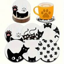 6pcs/Set Round Wooden Coasters, Perfect Cat-Themed Coaster Set, Suitable For Home And Kitchen Decor, Enhance Your Tabletop Style, Suitable For Coffee Table, Dining Room And Living Room Entertainment, Applicable To Various - Multicolor - View 3