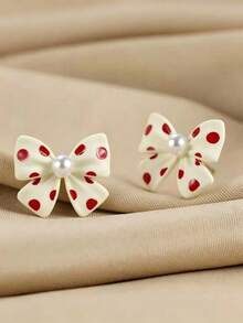 Eterna Glow 1pair Chic Polka Dot Bow Earrings With Faux Pearl Accent Elegant Alloy Ear Studs For Every Season Versatile Daily Wear Fashion Jewelry For Women - Earrings - View 9