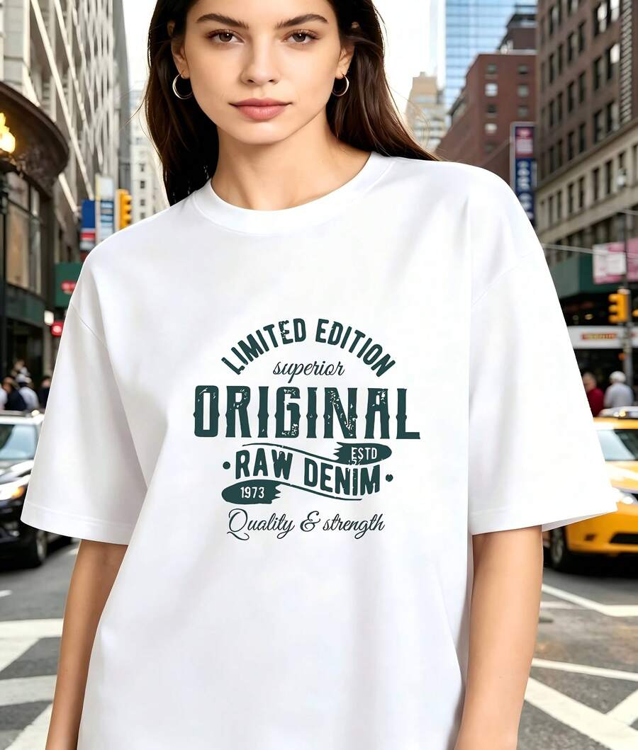 Distressed Vintage Limited Edition Original Raw Denim Letter Graphic Oversized Crew Neck Short Sleeve Women's T-Shirt Retro Urban Casual Wear Perfect Gift For Vintage Fashion Loving Women - Blanco - Ver 1