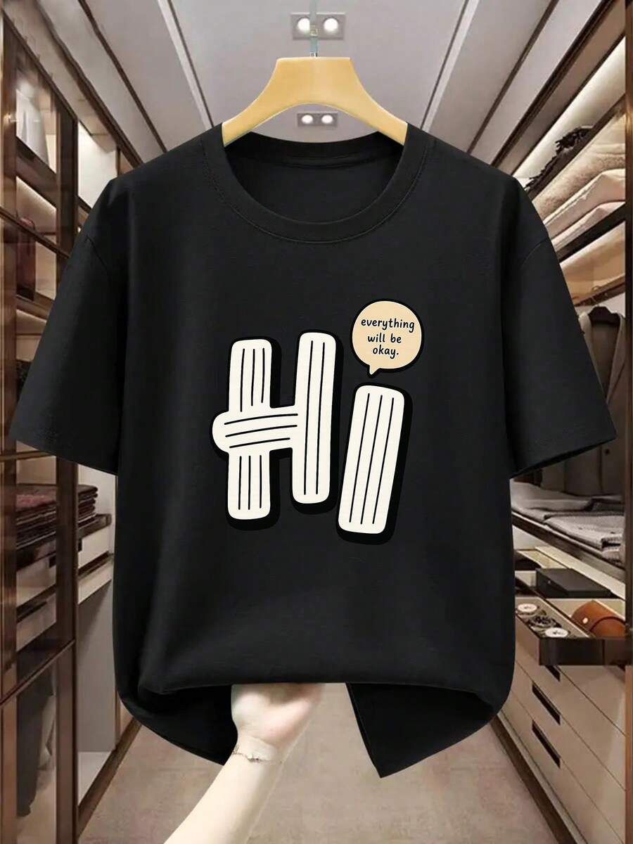 Camiseta de Hombre Talla% con Estampado Hi, Cuello Redondo y Manga Corta. Transmite una Sensación Positiva de que Todo Saldrá Bien. Camiseta Cómoda e Informal de Manga Corta par - Negro - Ver 1