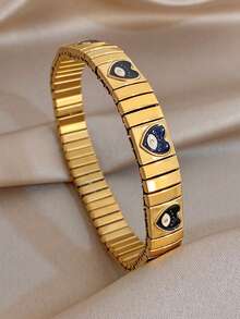 1Pc/Set Golden Stainless Steel Retro Evil Eye Heart Enamel Charm Stretch Bangle Bracelet For Women,Y2K,Daily/Boho/Party,Christmas, Valentine Birthday - Multicolor - View 4