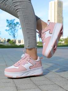 Scarpe da pattini a 4 ruote per ragazze, scarpe da pattinaggio per bambini e adolescenti, scarpe da pattini in pelle PU leggere e resistenti per tutte le stagioni, scarpe da pattini alla moda con fibbia rotante regolabile e ruote doppie nascoste, ruote rimovibili, scarpe da pattinaggio 2 in 1, pattini in linea, scarpe sportive con ruote per adolescenti - Rosa - Visualizzare 7