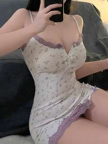 Ning xue yan ying 2 件套女士性感紫色碎花可调节肩带蕾丝拼布蝴蝶结紧身迷你睡袍，外出必备 - 白色 - 查看 3