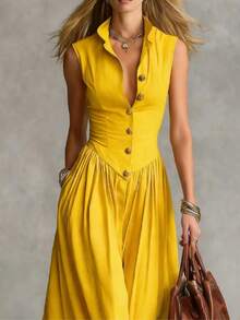 Sleeveless Button-Front Midi Dress, Fitted Waist Flowy A-Line Dress With Pockets - 黃色 - 查看 2