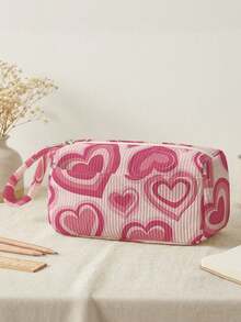 1pc Love Print Coarse Corduroy Zipper Pencil Case, Large Capacity Stationery Organizer,Case With Side Pocket & Handle, Multi-Use Storage Bag For School, Office & Personal Small Items - C-sTGCBD - View 2