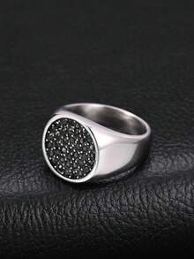 1pc Fashion Hip Hop Stainless Steel Black Zirconia Round Geometric Cast Ring For Men, Vintage, Gothic Style, Jewelry Accessory - Silver - View 4