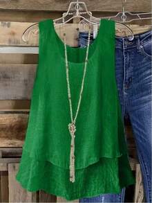 Women's Casual Summer Top, Double-Layer Chiffon, Semi-Transparent Solid Color, Round Neck, European And American Style. - 乳白色 - 查看 4