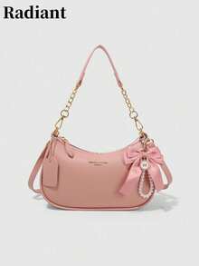Bolso de hombro en forma de media luna 2025, nuevo diseño de moda clásico y versátil con decoración de patrón de letras, unicolor, material PU impermeable, bolso de mano y bandolera, adecuad - Camel - Ver 1