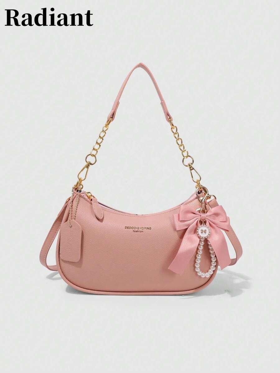 Bolso de hombro en forma de media luna 2025, nuevo diseño de moda clásico y versátil con decoración de patrón de letras, unicolor, material PU impermeable, bolso de mano y bandolera, adecuad - Camel - Ver 1