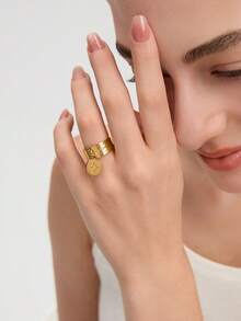 Ashenrae 1pc Niche Fashionable Star-Shaped Inlaid Adjustable Open Ring - Yellow Gold - View 4